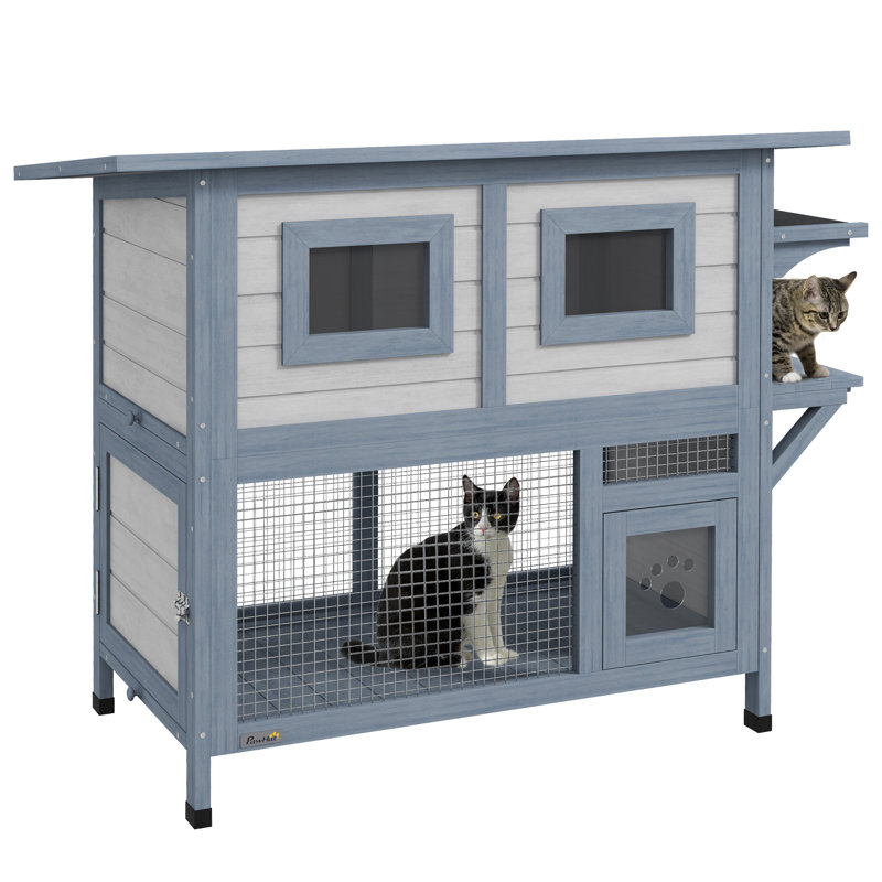 Tucker Murphy Pet Outdoor Cat House 2 Tier Weatherproof Feral Cat Shelter With Escape Door Asphalt Roof Jump Platform Large Wooden Cat House For Outside Backyard Light Gray Wayfair
